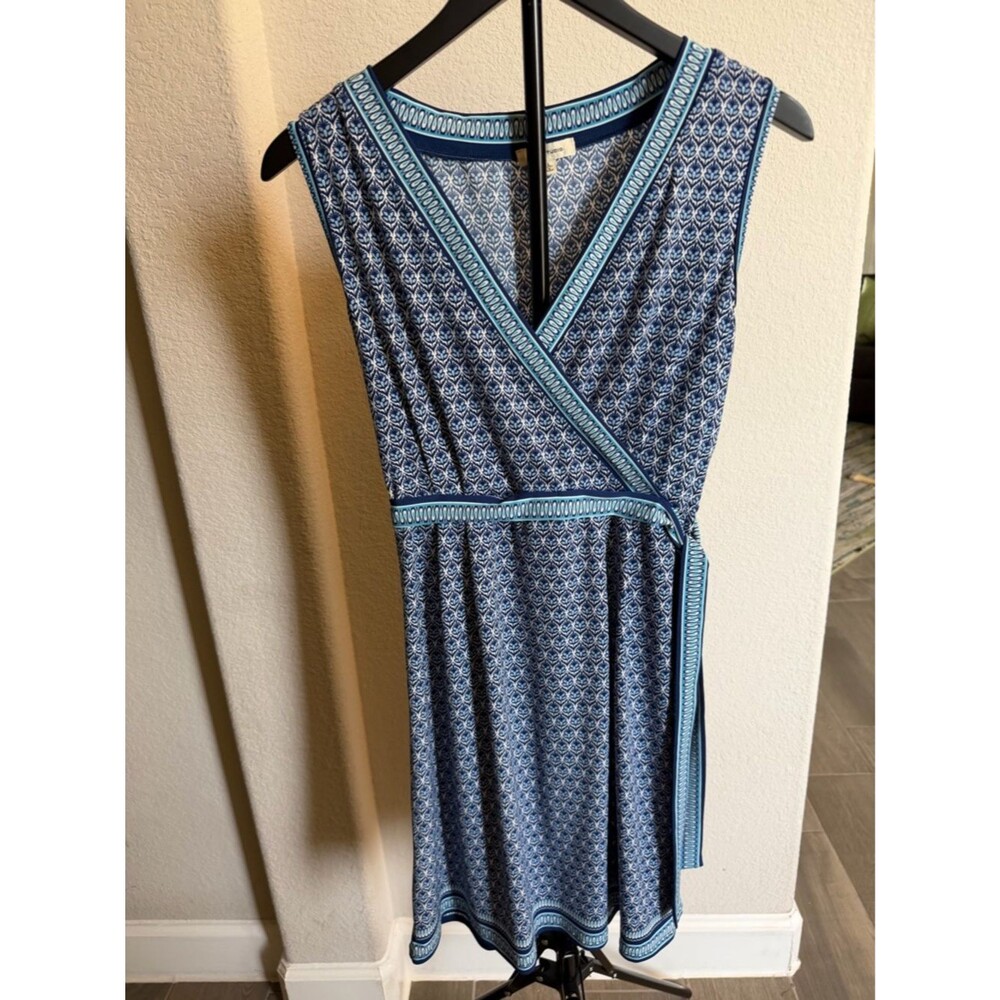 Max Studio Blue Patterned Wrap Midi Dress with Light Blue Trim L